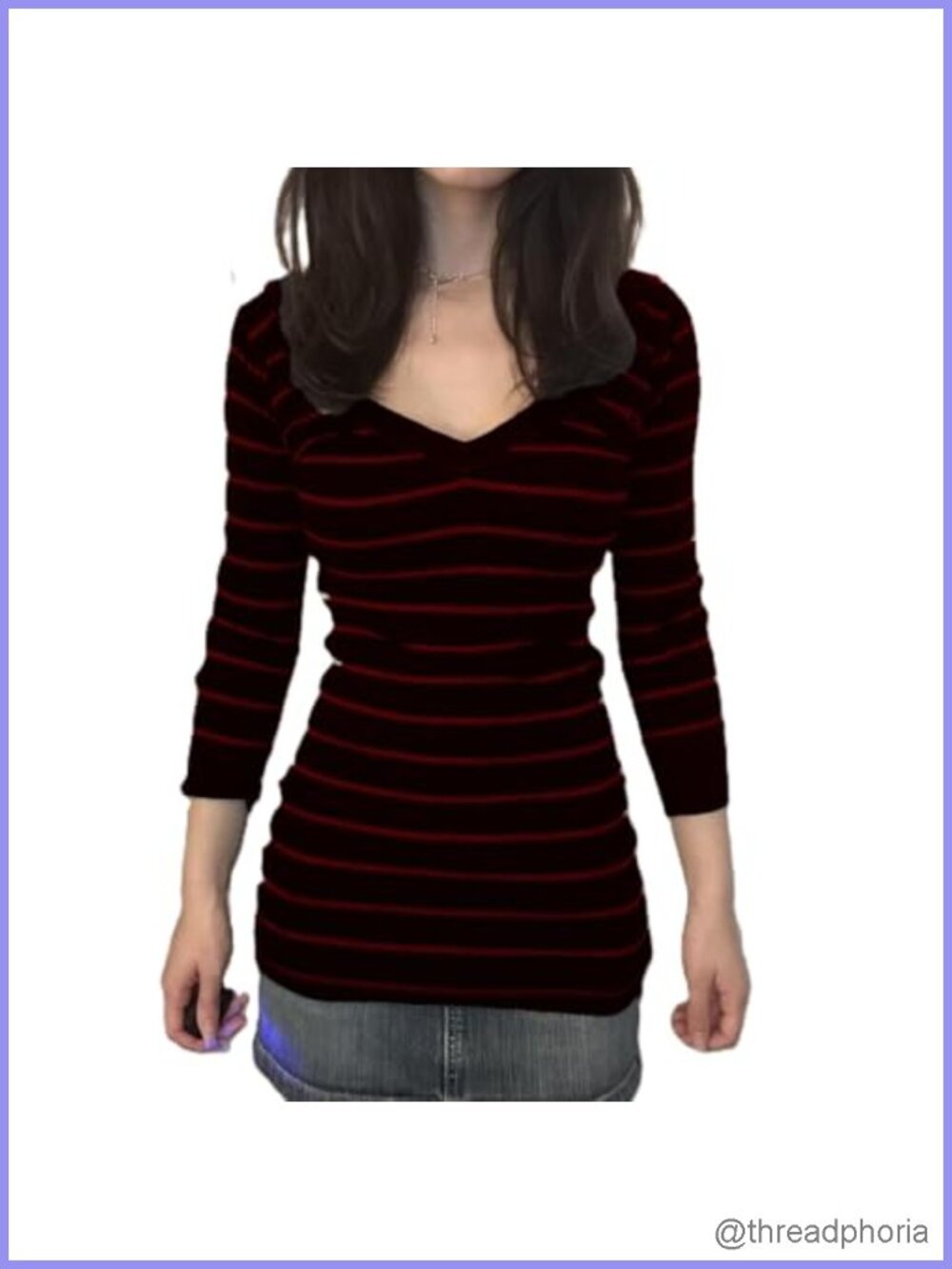 Y2K Striped Knit Long Sleeve Low Cut Skinny Fitted Tee Shirt Color Block